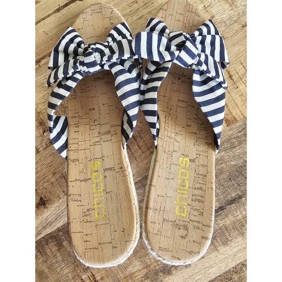 Chico's Blue White Striped Wedges Mules/Slides Size 8 Coastal Nautical Beach - Picture 6 of 10